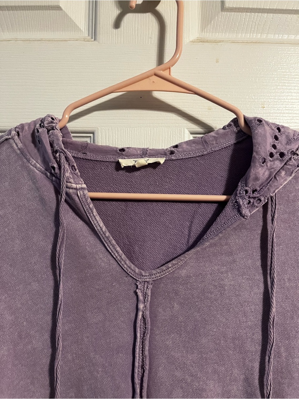 Easel | Washed Lavender Hooded Eyelet Sleeve Top - Sz Small - Picture 6 of 10